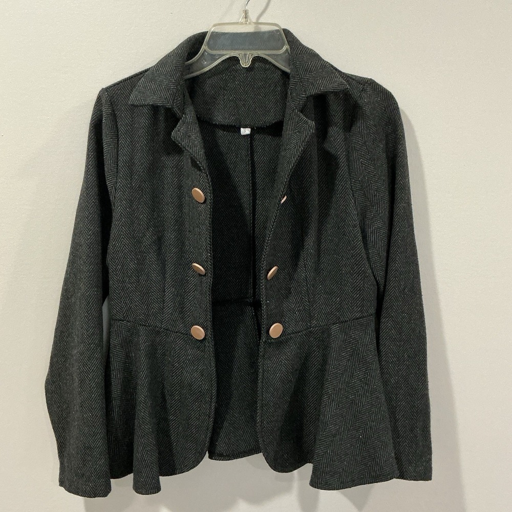 Womens Herringbone Blazer Jacket Open Front‎ Military Style Buttons Ruffle Small